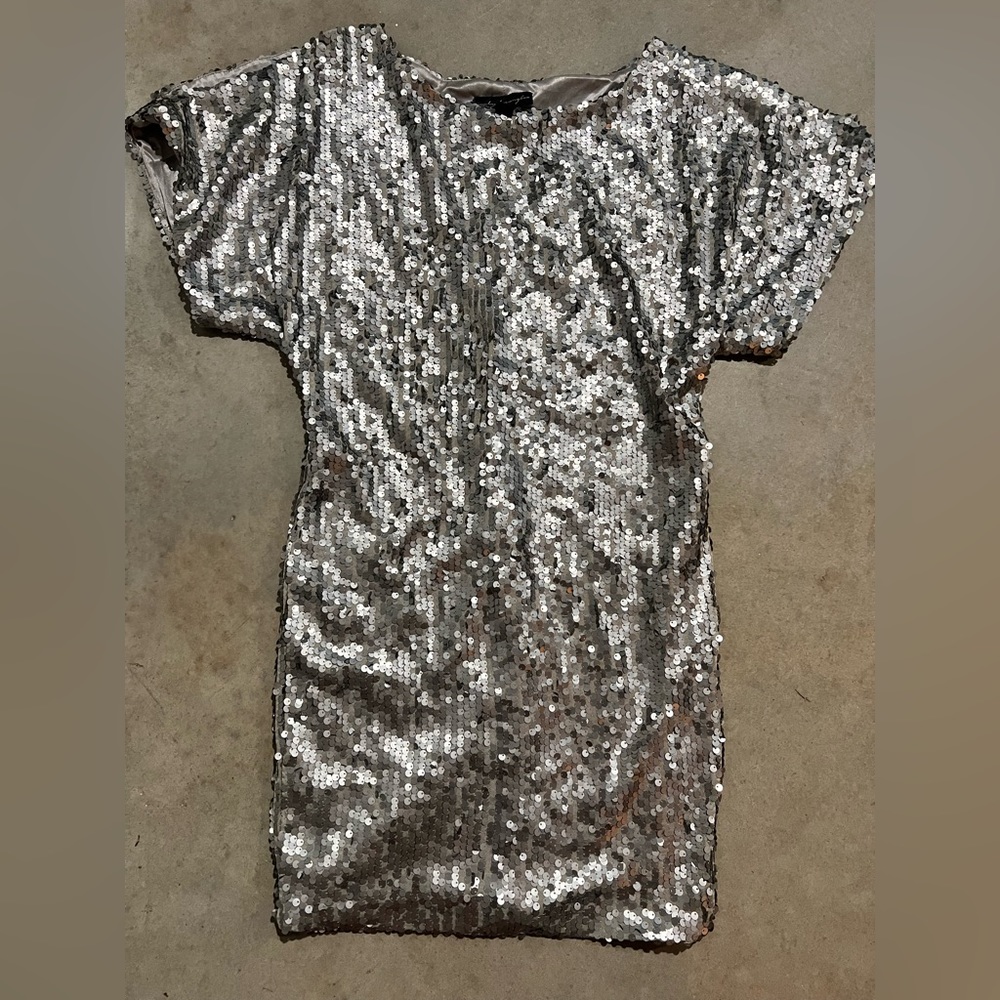 City Triangles silver sequined dress with cold shoulders. Size small
